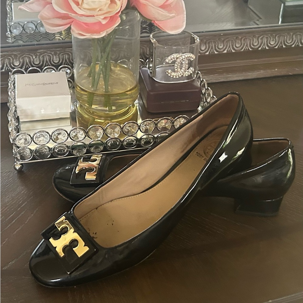 Tory Burch Gigi Black Flats with Gold Hardware